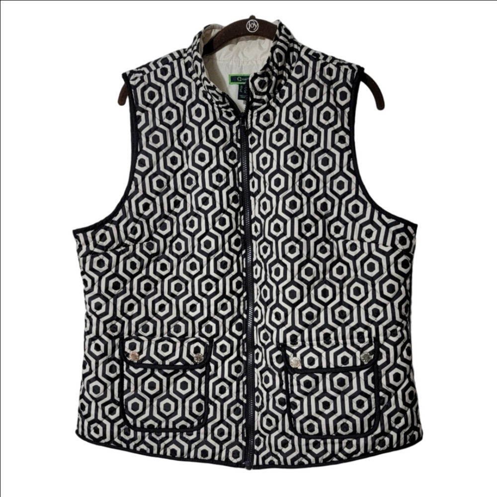 C.WONDER Quilted Vest, Cream And Black Hex Pattern In Size Large, EUC